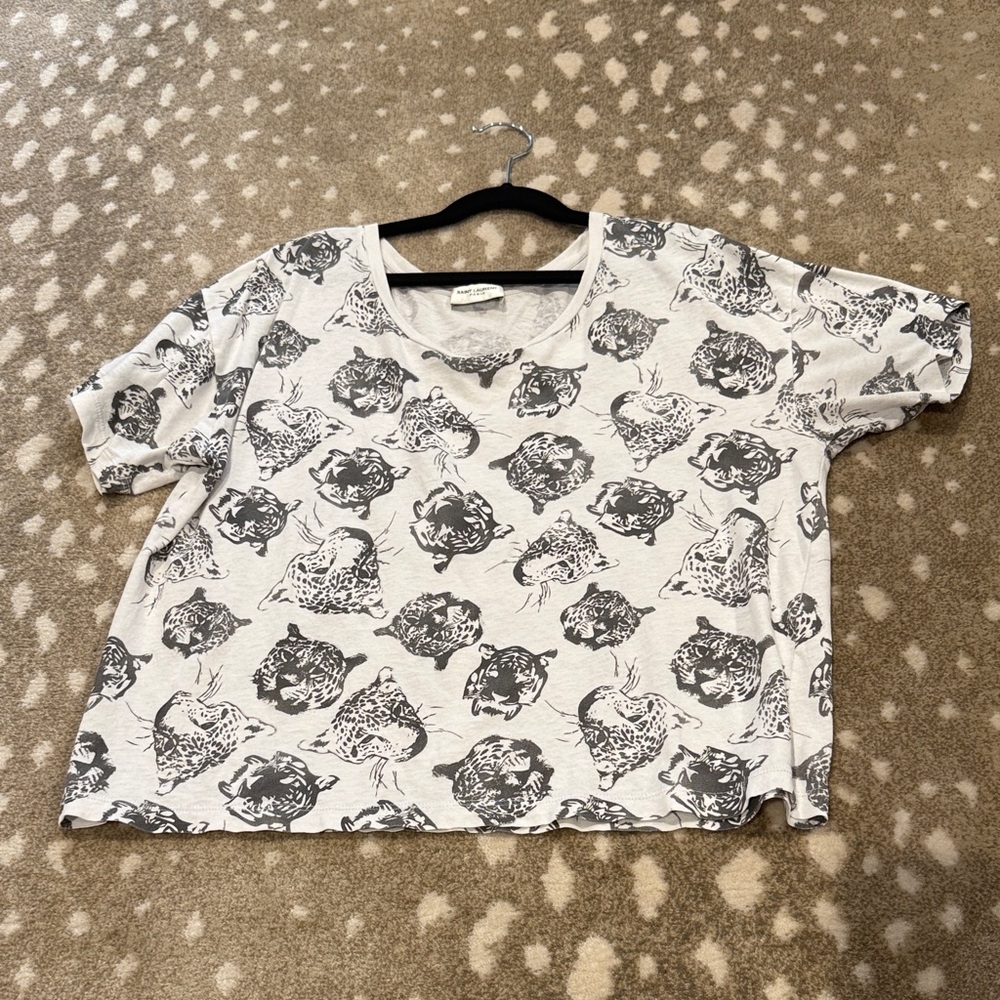 Saint Laurent Black and White Leopard Print Tee. Size XS
